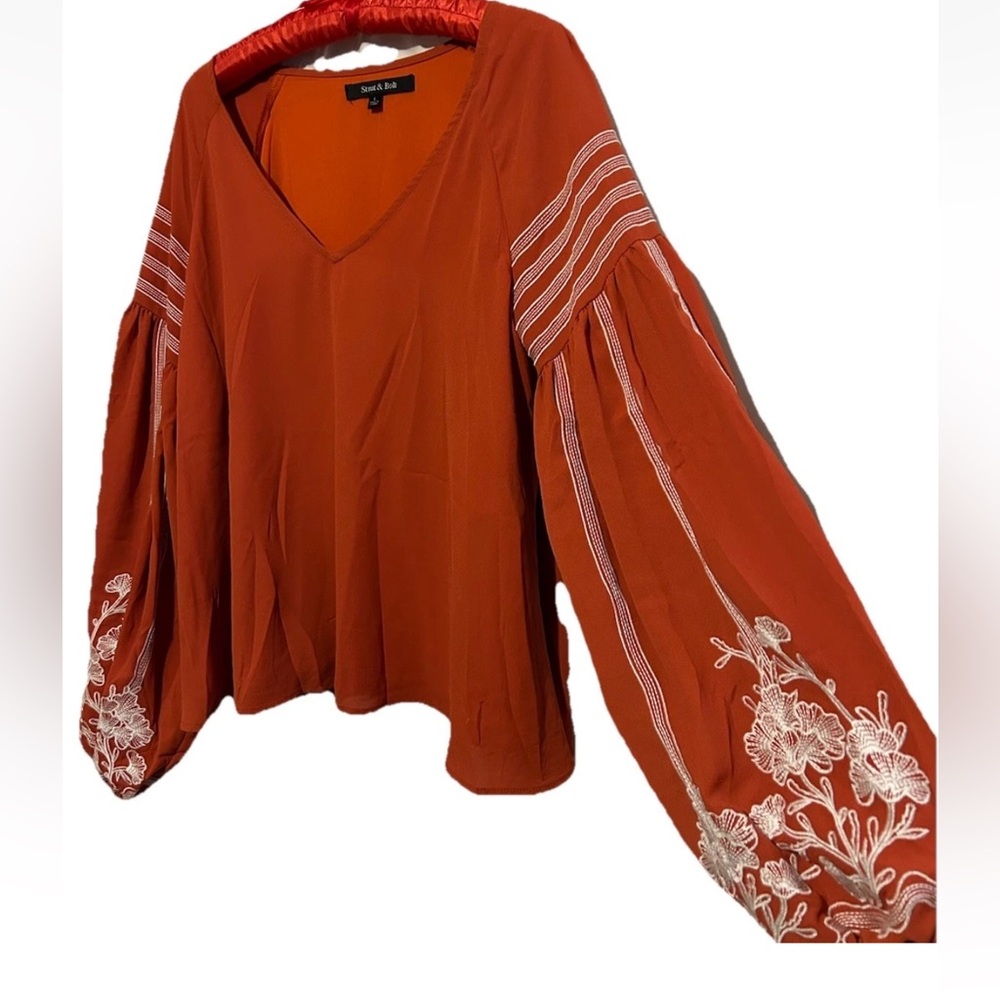 Strut and Bolt Top L Revolve Embroidered Balloon Sleeve Boho Silky Shirt Blouse